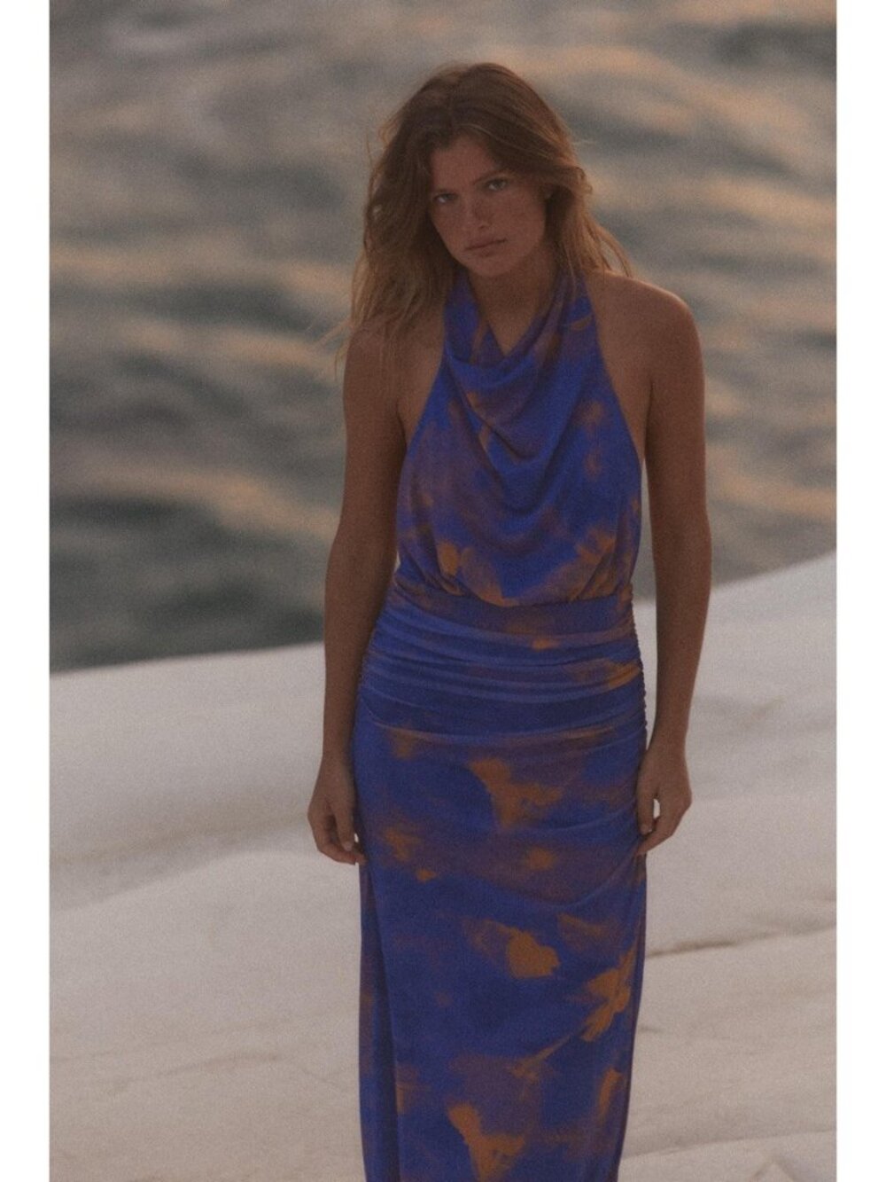 Zara Womens Maxi Dress S Blue Floral Ruched Halter Cowl Neck Mesh 3673/105 NWT